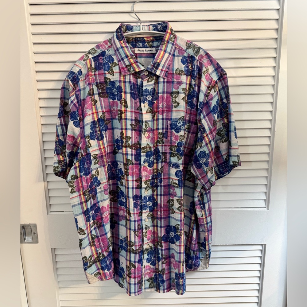 Tommy Bahama Mens L Pastino Plaid Short Sleeve Linen